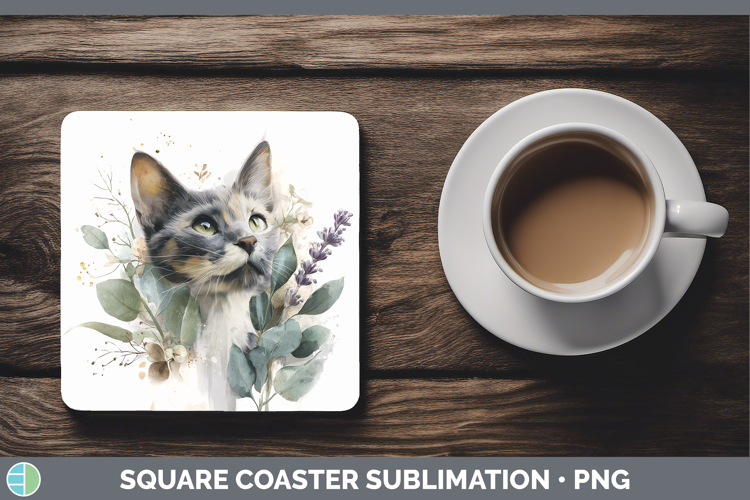 Kitten Animals Lavender and Eucalyptus Square Coaster Sublim