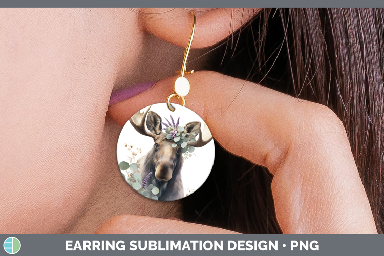 Moose Animals Lavender and Eucalyptus Round Earrings Sublima