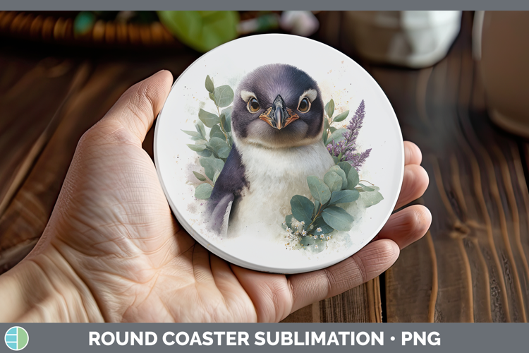 Penguin Animals Lavender and Eucalyptus Round Coaster Sublim