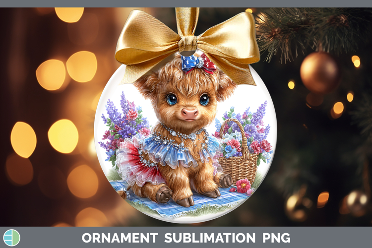 Animals Patriotic Highland Cow Ornament Sublimation Bauble D