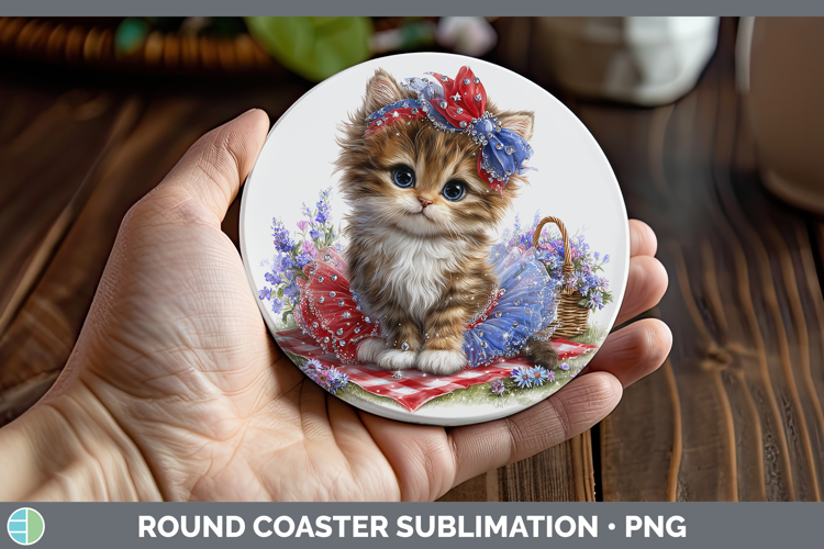 Animals Patriotic Kitten Round Coaster Sublimation Coaster D