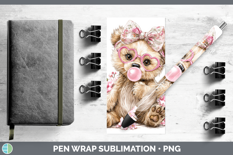 Bear Animals Pink Bubble Gum Pen Wrap Sublimation Design
