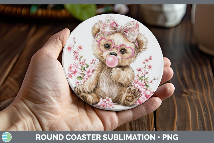 Bear Animals Pink Bubble Gum Round Coaster Sublimation Desig