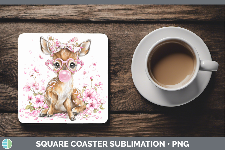 Deer Animals Pink Bubble Gum Square Coaster Sublimation Desi