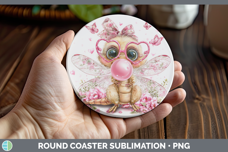Dragonfly Animals Pink Bubble Gum Round Coaster Sublimation