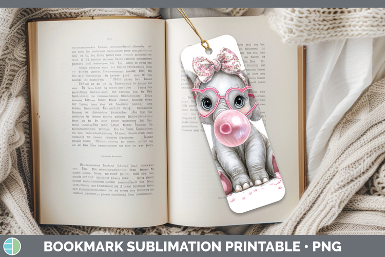Elephant Animals Pink Bubble Gum Bookmark Sublimation Design