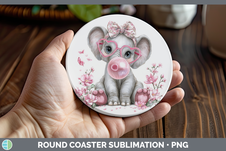 Elephant Animals Pink Bubble Gum Round Coaster Sublimation D