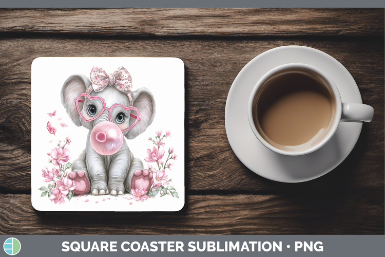 Elephant Animals Pink Bubble Gum Square Coaster Sublimation