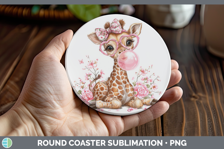 Giraffe Animals Pink Bubble Gum Round Coaster Sublimation De