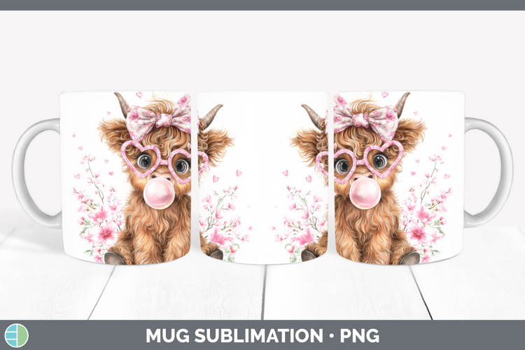 Highland Cow Animals Pink Bubble Gum Mug Wrap Sublimation De