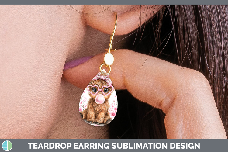 Highland Cow Animals Pink Bubble Gum Teardrop Earrings Subli