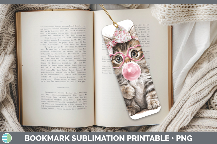 Kitten Animals Pink Bubble Gum Bookmark Sublimation Design