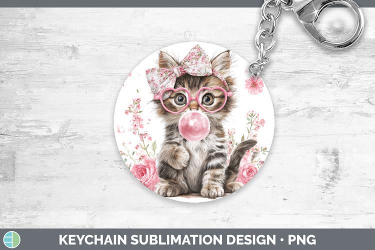 Kitten Animals Pink Bubble Gum Keychain Sublimation Design