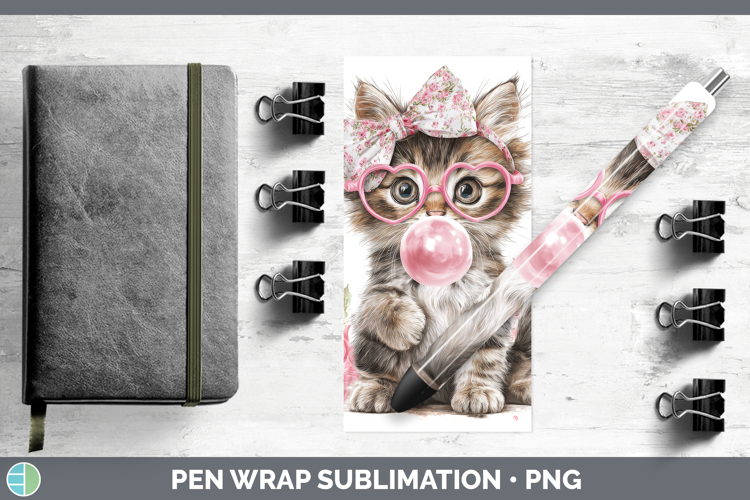 Kitten Animals Pink Bubble Gum Pen Wrap Sublimation Design