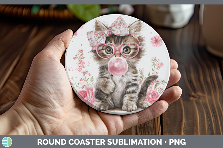Kitten Animals Pink Bubble Gum Round Coaster Sublimation Des