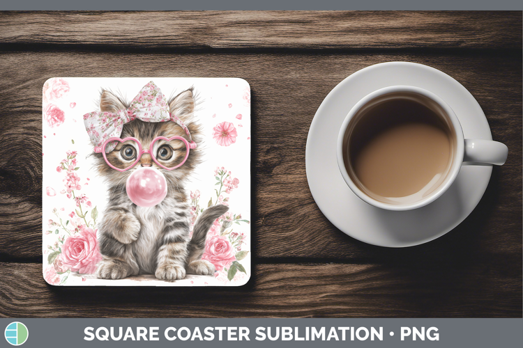 Kitten Animals Pink Bubble Gum Square Coaster Sublimation De