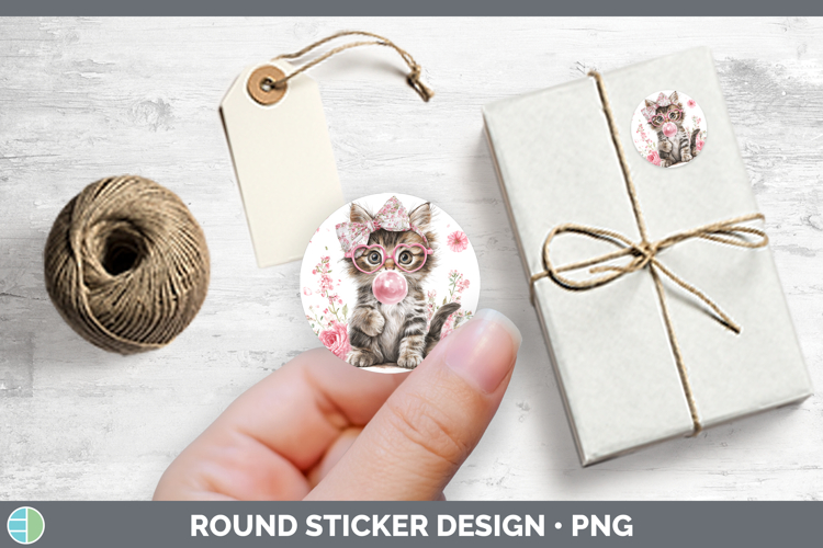 Kitten Animals Pink Bubble Gum Stickers Design