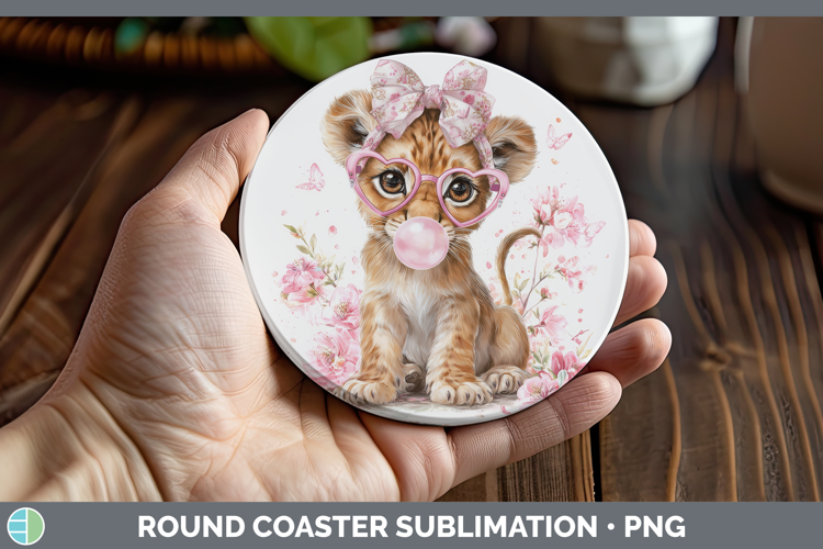 Lion Animals Pink Bubble Gum Round Coaster Sublimation Desig