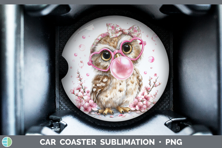 Owl Animals Pink Bubble Gum Car Coaster Sublimation Design