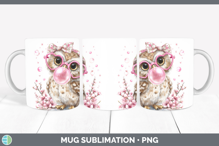 Owl Animals Pink Bubble Gum Mug Wrap Sublimation Design