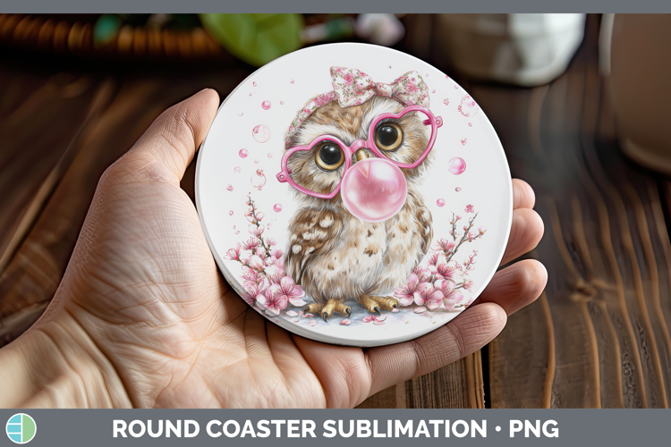Owl Animals Pink Bubble Gum Round Coaster Sublimation Design