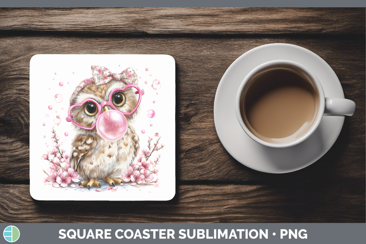 Owl Animals Pink Bubble Gum Square Coaster Sublimation Desig