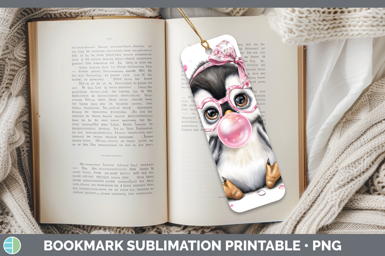 Penguin Animals Pink Bubble Gum Bookmark Sublimation Design