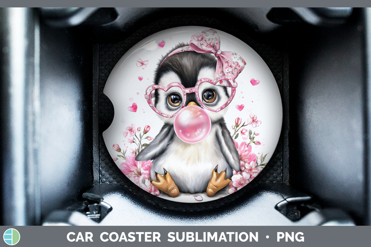 Penguin Animals Pink Bubble Gum Car Coaster Sublimation Desi