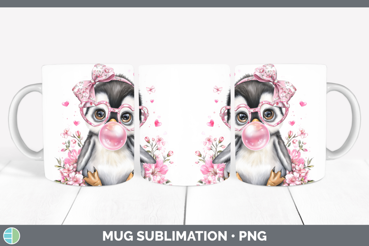 Penguin Animals Pink Bubble Gum Mug Wrap Sublimation Design