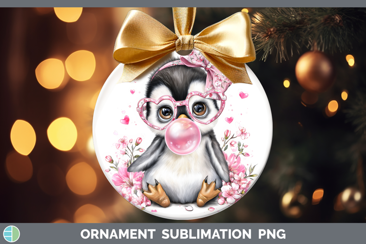 Penguin Animals Pink Bubble Gum Ornament Sublimation Design