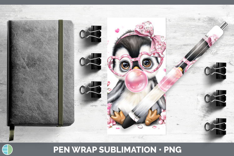 Penguin Animals Pink Bubble Gum Pen Wrap Sublimation Design