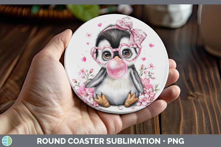 Penguin Animals Pink Bubble Gum Round Coaster Sublimation De