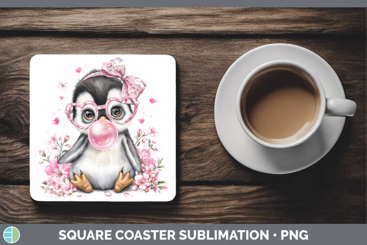 Penguin Animals Pink Bubble Gum Square Coaster Sublimation D