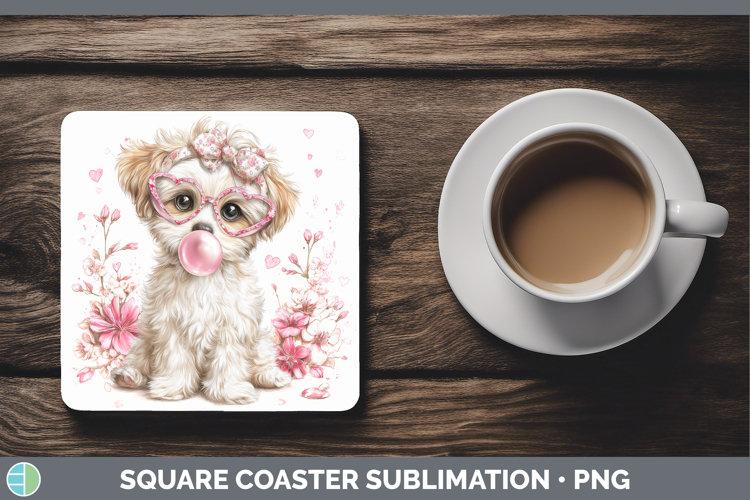 Puppy Animals Pink Bubble Gum Square Coaster Sublimation Des