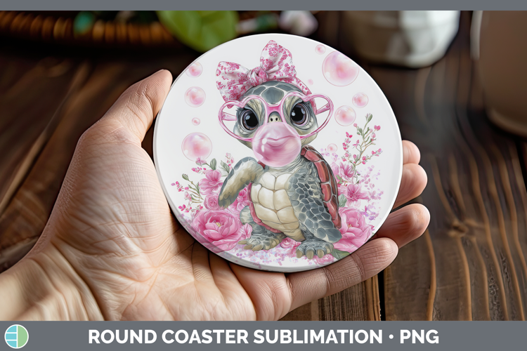 Sea Turtle Animals Pink Bubble Gum Round Coaster Sublimation