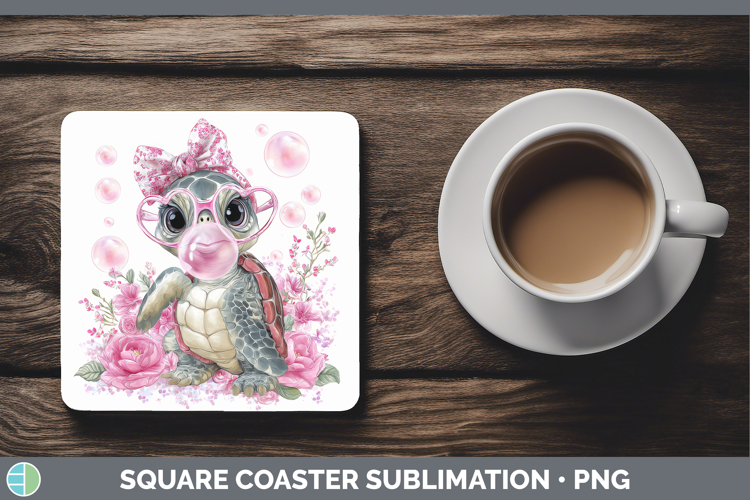 Sea Turtle Animals Pink Bubble Gum Square Coaster Sublimatio
