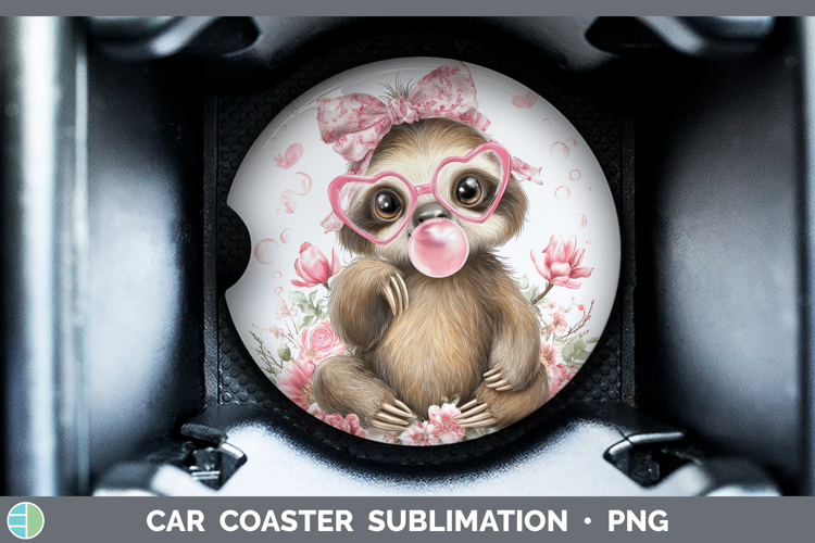 Sloth Animals Pink Bubble Gum Car Coaster Sublimation Design