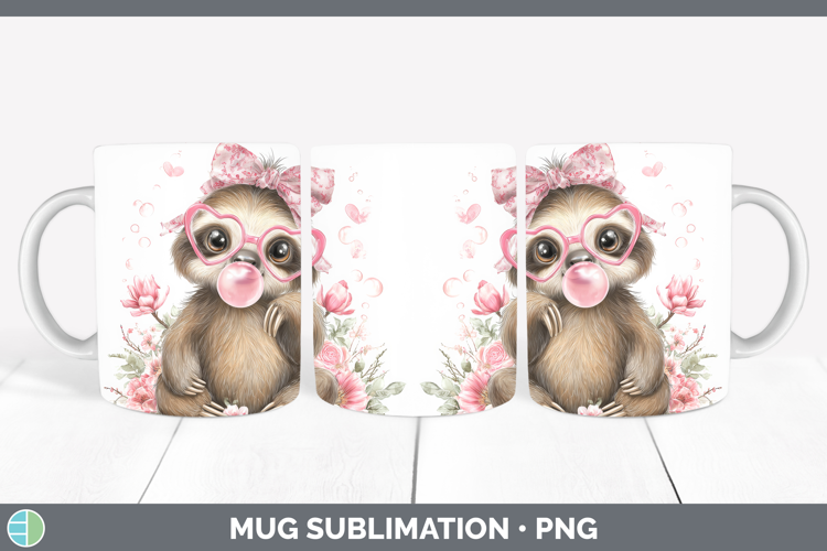 Sloth Animals Pink Bubble Gum Mug Wrap Sublimation Design