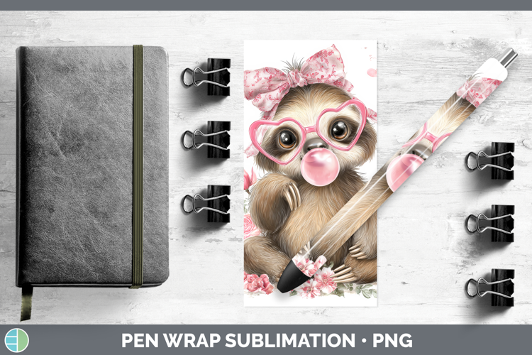 Sloth Animals Pink Bubble Gum Pen Wrap Sublimation Design