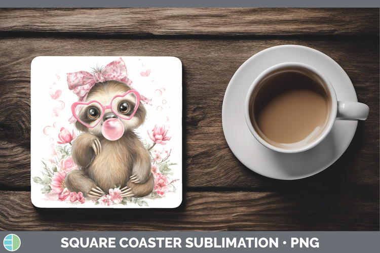 Sloth Animals Pink Bubble Gum Square Coaster Sublimation Des