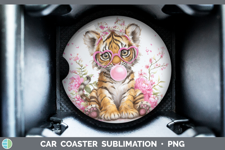 Tiger Animals Pink Bubble Gum Car Coaster Sublimation Design