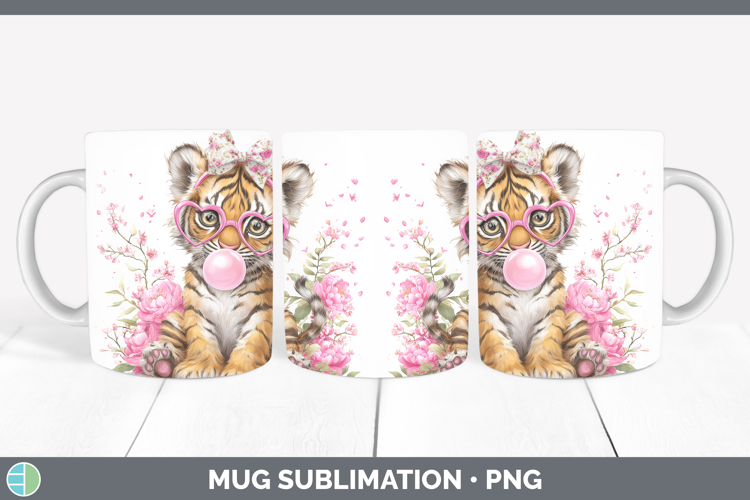 Tiger Animals Pink Bubble Gum Mug Wrap Sublimation Design