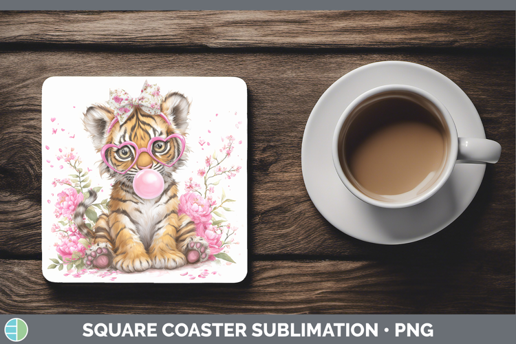 Tiger Animals Pink Bubble Gum Square Coaster Sublimation Des