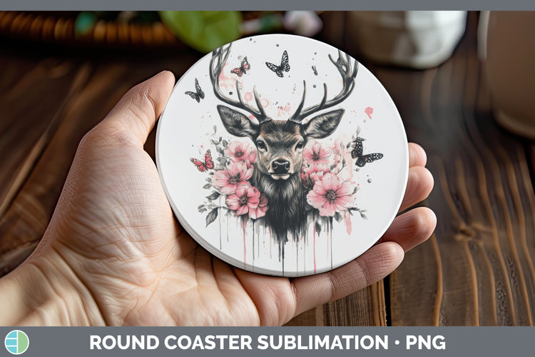 Animals Pink Drips Deer Round Coaster Sublimation Coaster De
