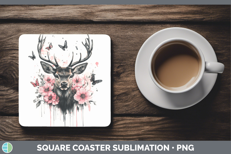 Animals Pink Drips Deer Square Coaster Sublimation Coaster D