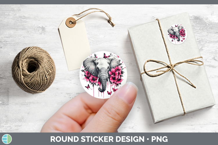Animals Pink Drips Elephant Stickers | Round Labels Designs