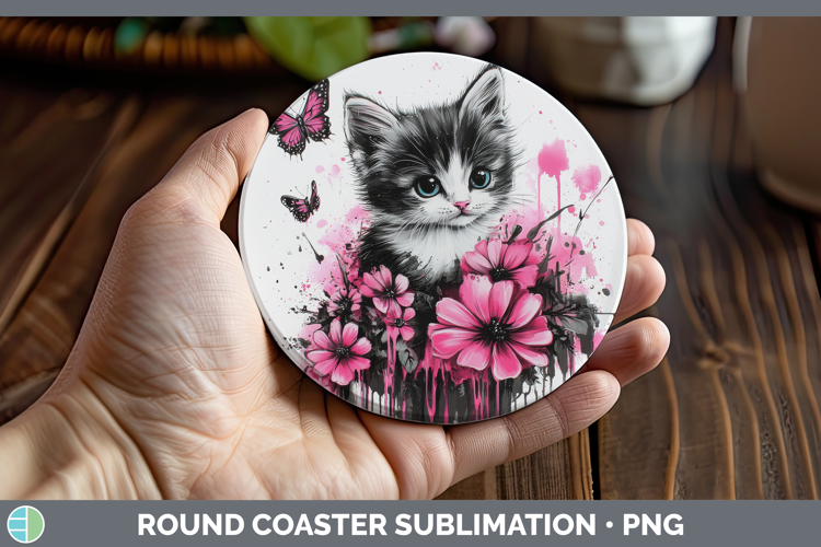 Animals Pink Drips Kitten Round Coaster Sublimation Coaster