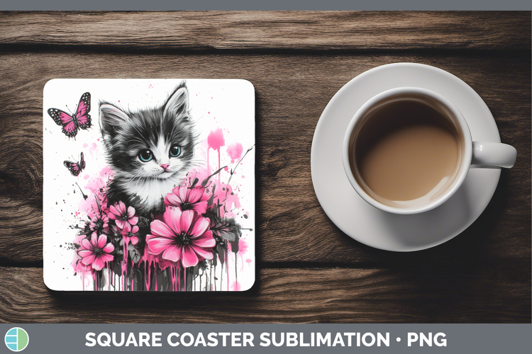 Animals Pink Drips Kitten Square Coaster Sublimation Coaster