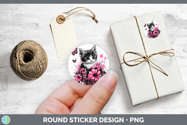 Animals Pink Drips Kitten Stickers | Round Labels Designs