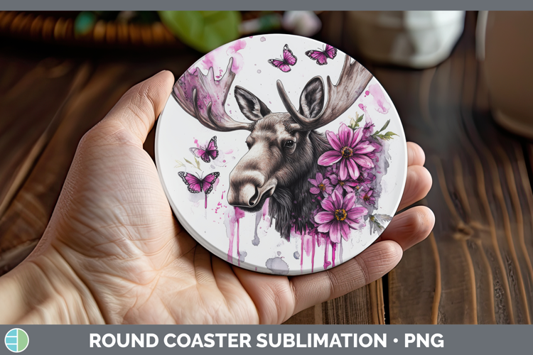 Animals Pink Drips Moose Round Coaster Sublimation Coaster D